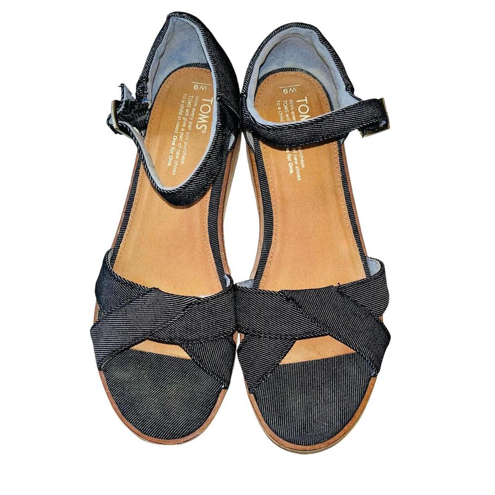 TOMS Demin Cork Wedge Peep Toe Ankle Strap Sandal Heel Shoe W9